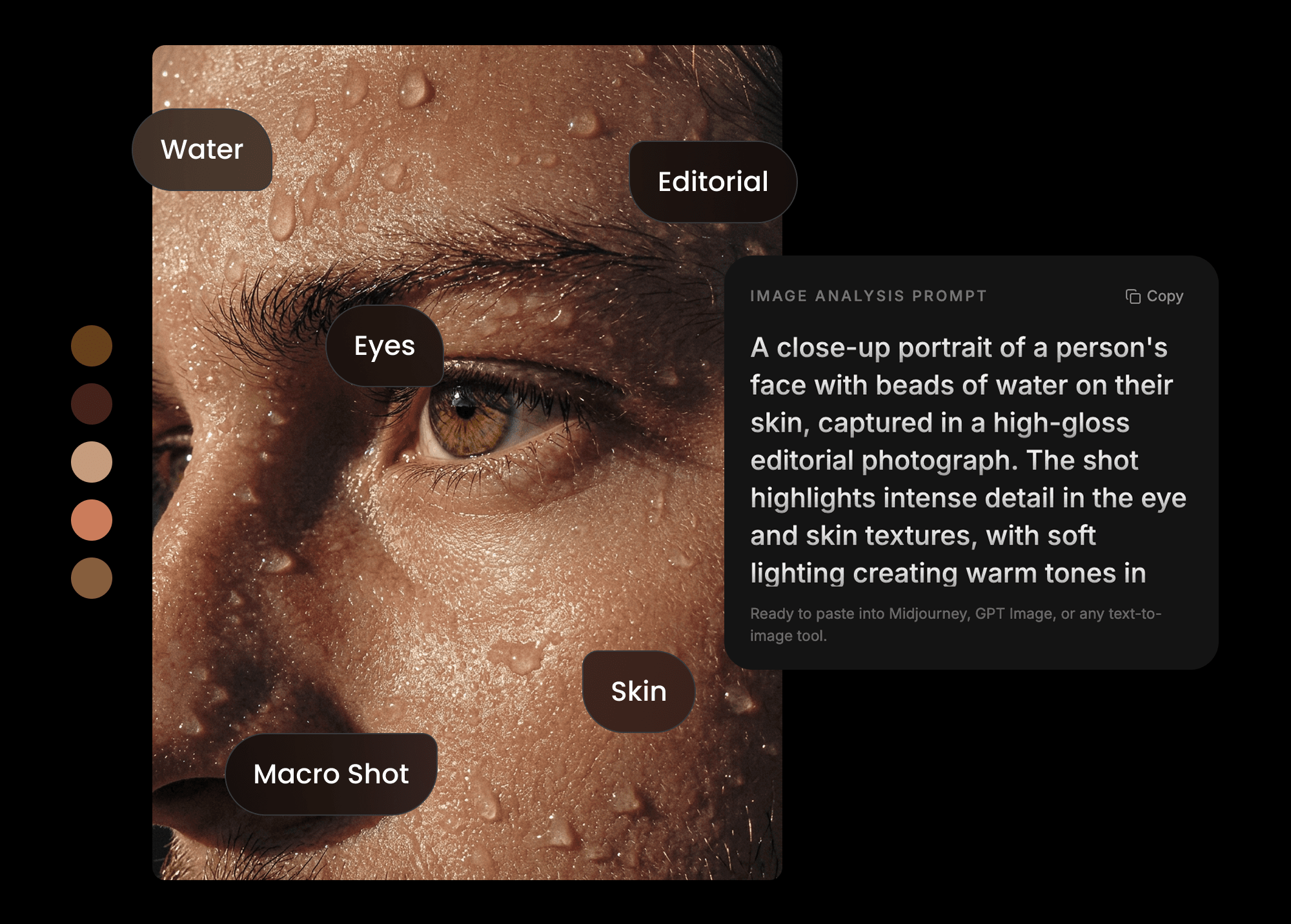 A saved photograph read into the words that describe it — water, eyes, skin, macro shot and editorial surfacing as labels beside a ready-to-copy written prompt and the image's colour palette