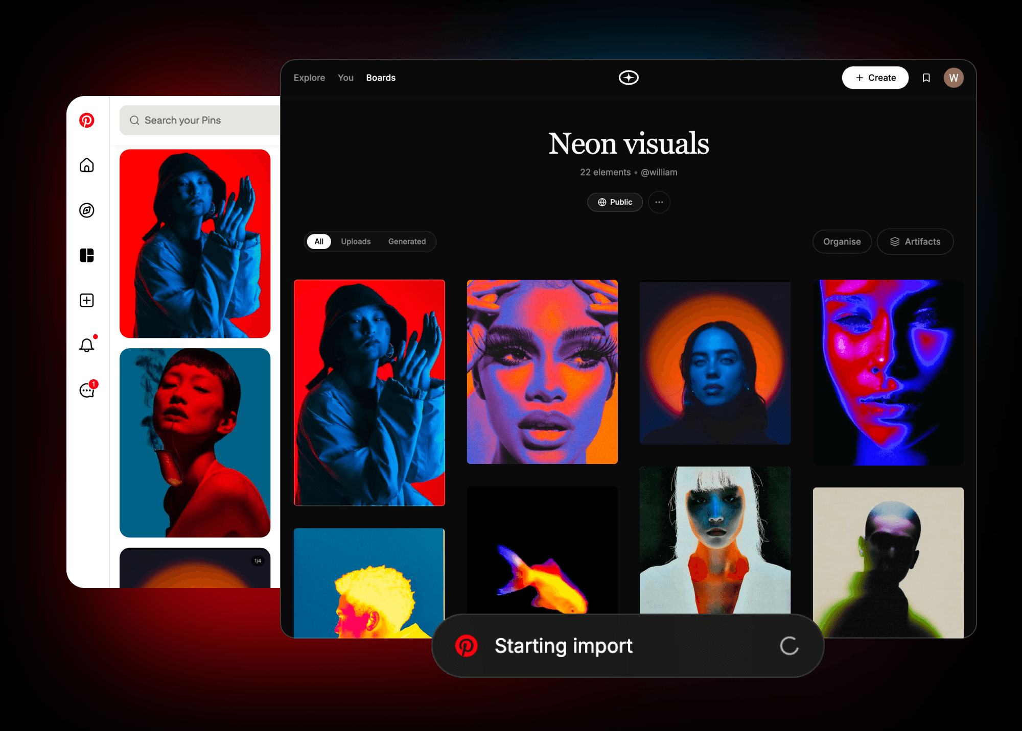 A Pinterest board of neon portraits sitting behind the same board in Visual Garden — twenty-two pins carried across, with a Starting import indicator running beneath them